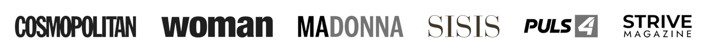 JULIE & ROSE - Logos der Medien Cosmopolitan, woman, MADONNA, SISI’S, Puls 4 und Strive Magazine – unsere Marke wurde dort vorgestellt